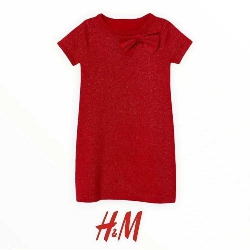 H&M Kids Red Glitter Knit Dress Bow Detail NWT Girls Sizes 6 8 Holiday Party